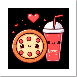 Kawaii Pizza and Diet Coke with Red Hearts | Cute Pizza Illustration Posters and Art